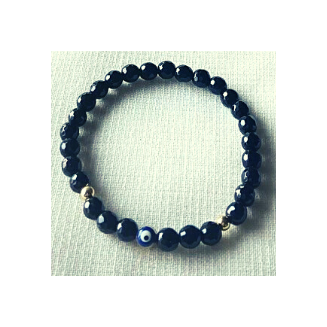 Faceted obsidian bracelet with evil eye protection charm