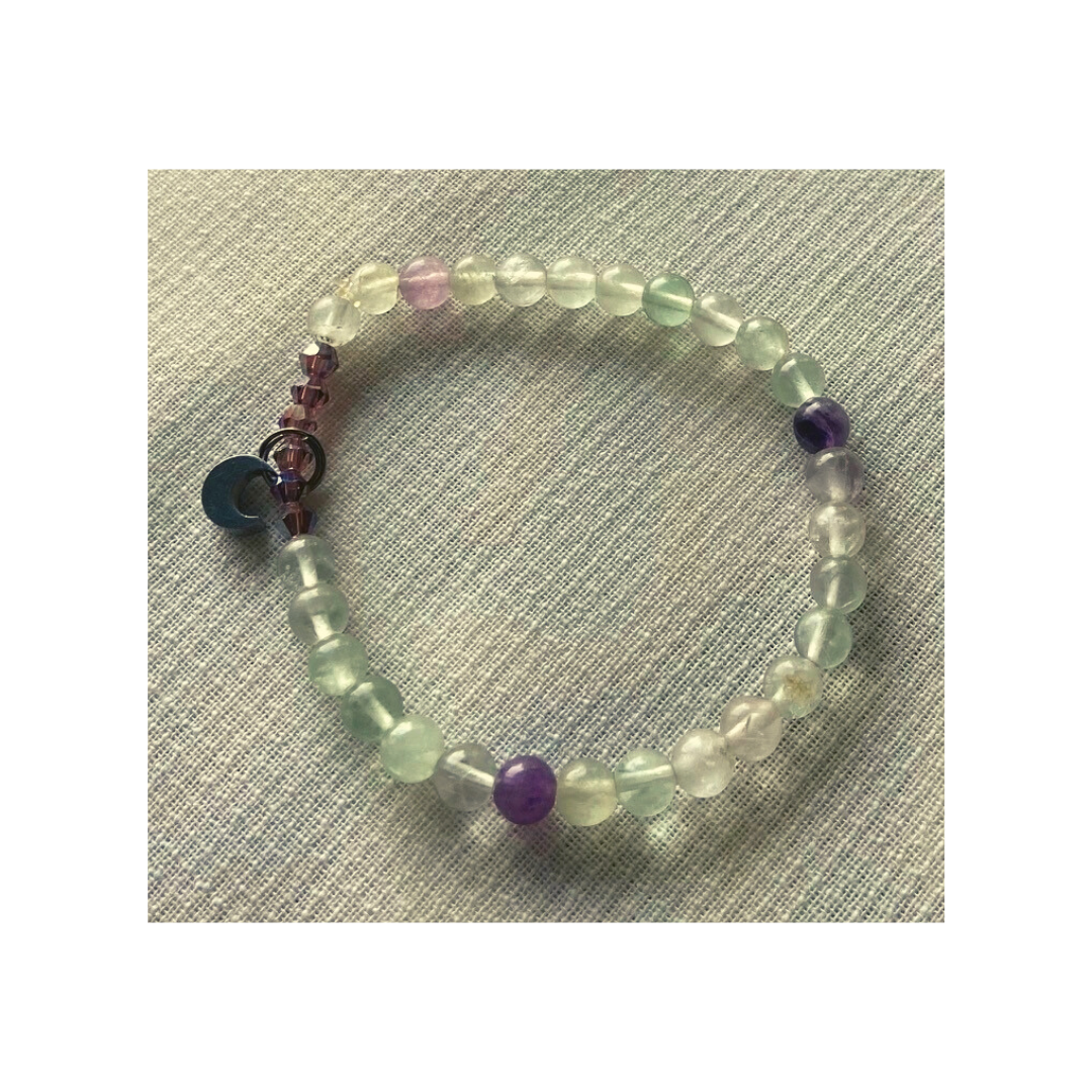 Flourite bracelet with purple amethyst and silver moon charm