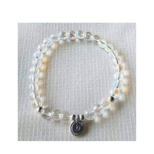 Iridescent crystal bracelet with crescent moon charm