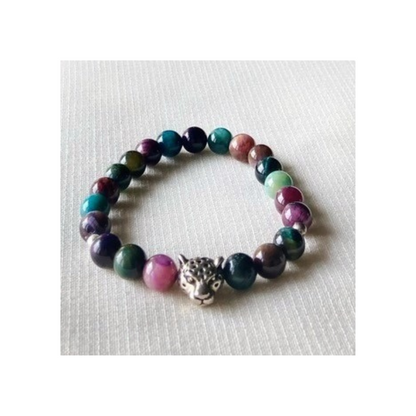 Multicoloured tiger's eye with silver cheetah charm