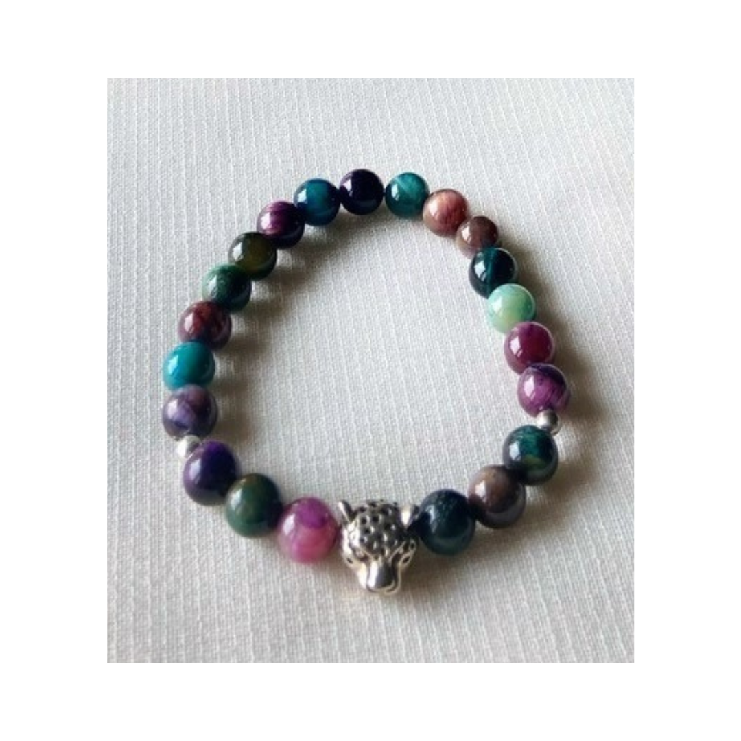 Multicoloured tiger's eye with silver cheetah charm