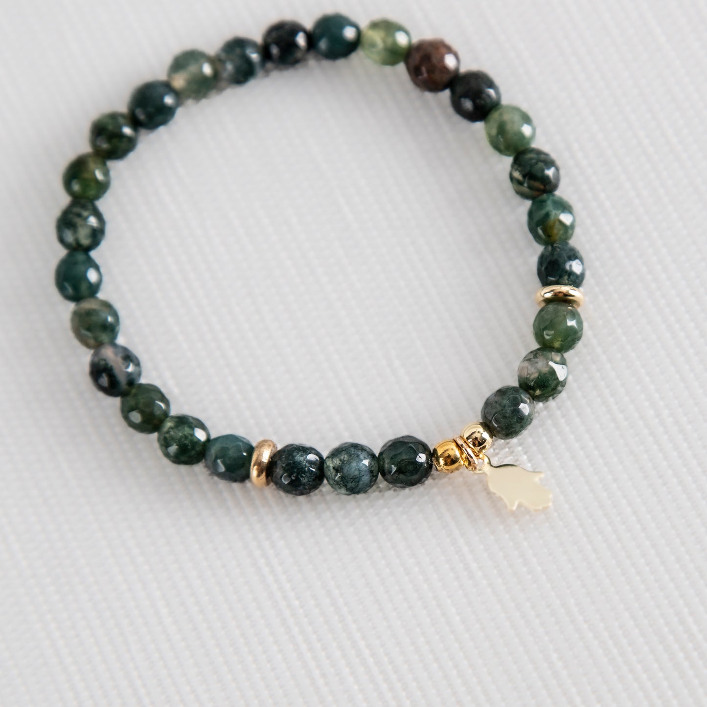 Green agate bracelet with gold hamsa charm