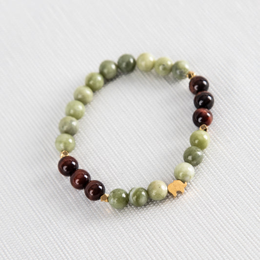 Green canadian jade with brown tiger's eye and mini gold elephant charm