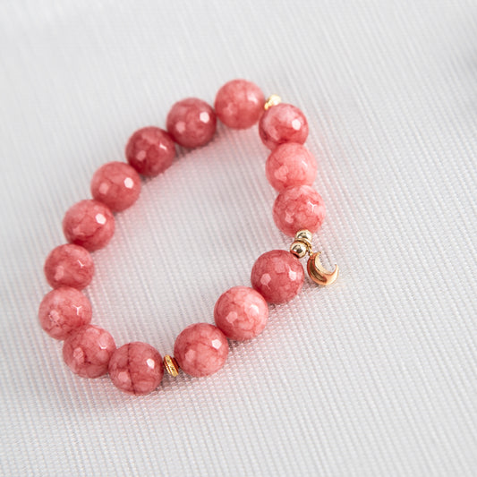 Cherry jade bracelet with gold crescent moon charm