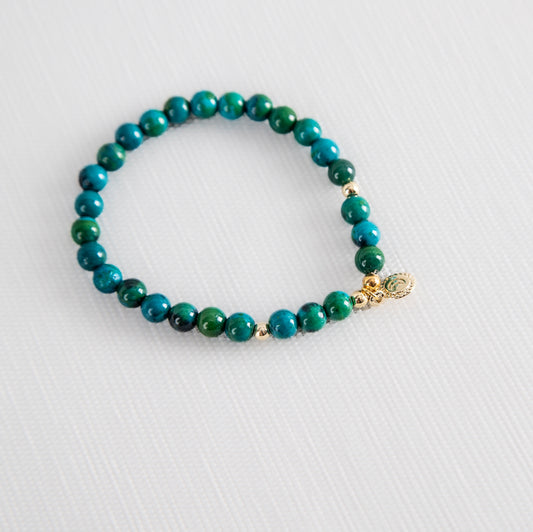 Chrysocolla bracelet with gold vintage mini moon charm