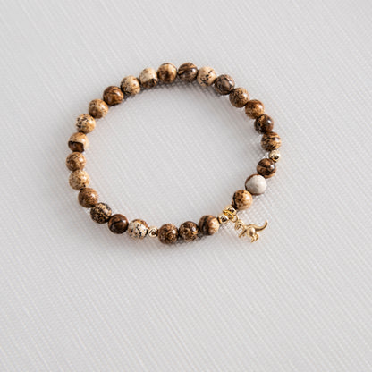 Brown Jasper bracelet with mini t-rex charm