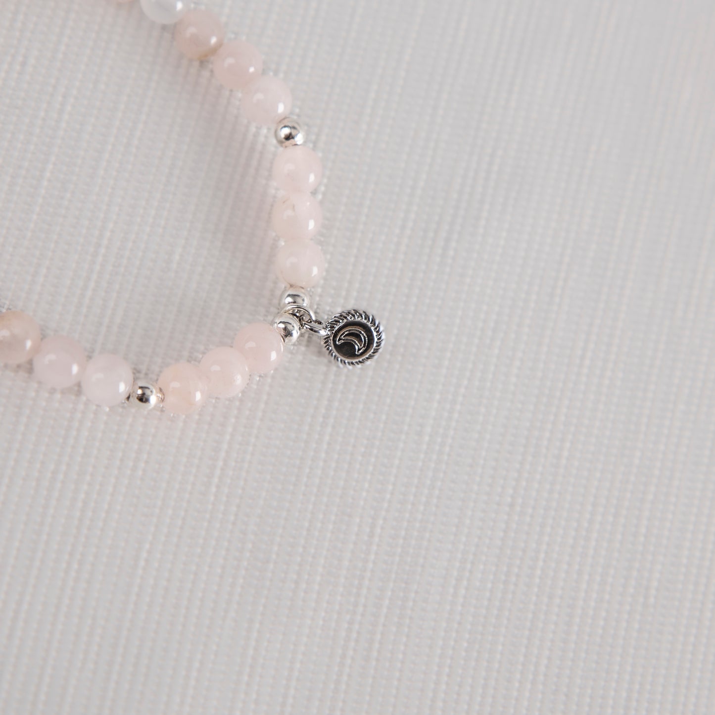 Pink rose quartz with silver vintage mini moon charm