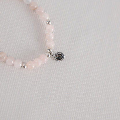 Pink rose quartz with silver vintage mini moon charm