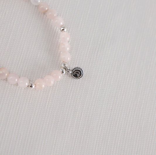 Pink rose quartz with silver vintage mini moon charm