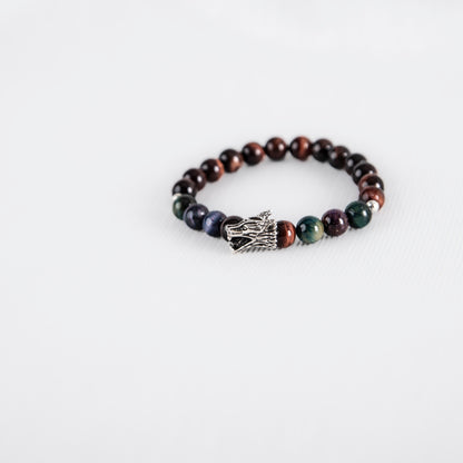 Multicoloured tiger's eye with silver dragon charm