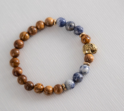 Sodalite and wood bracelet with elephant charm