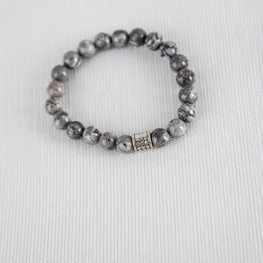 Grey jasper bracelet with silver charm